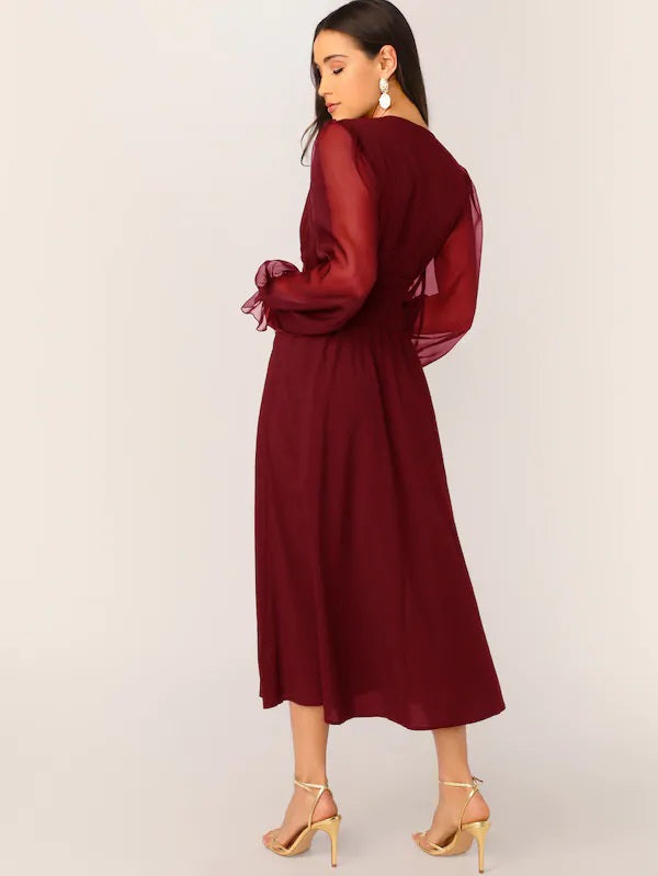 CM-DS527261 Women Elegant Seoul Style Mesh Lantern Sleeve Buttoned Shirred Waist Dress - Wine Red