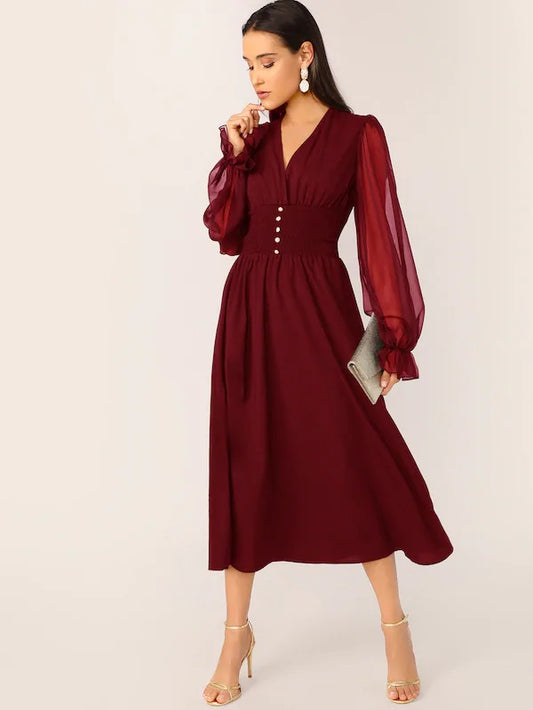 CM-DS527261 Women Elegant Seoul Style Mesh Lantern Sleeve Buttoned Shirred Waist Dress - Wine Red