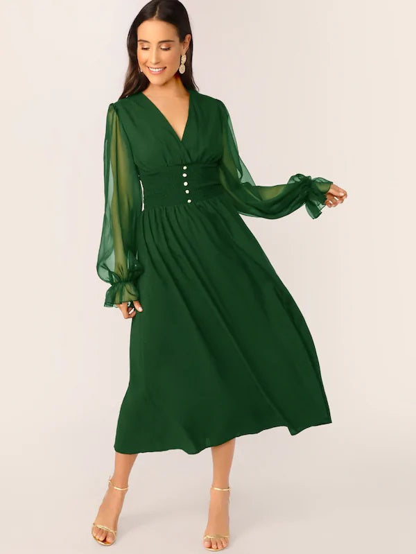 CM-DS527596 Women Elegant Seoul Style Mesh Lantern Sleeve Buttoned Shirred Waist Dress - Green