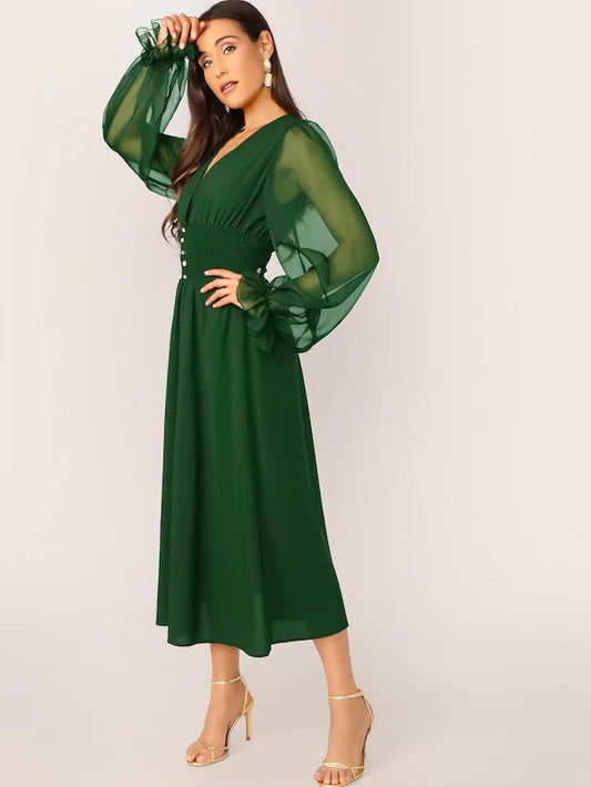 CM-DS527596 Women Elegant Seoul Style Mesh Lantern Sleeve Buttoned Shirred Waist Dress - Green