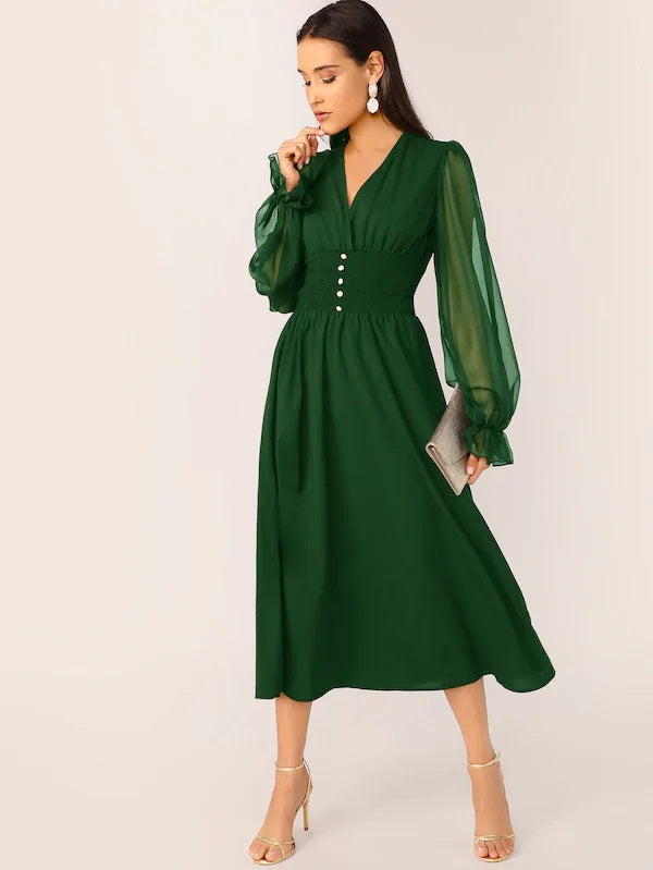 CM-DS527596 Women Elegant Seoul Style Mesh Lantern Sleeve Buttoned Shirred Waist Dress - Green