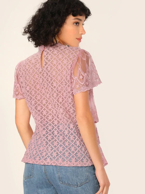 CM-TS416563 Women Casual Seoul Style Keyhole Back Embroidered Mesh Layered Top - Pink