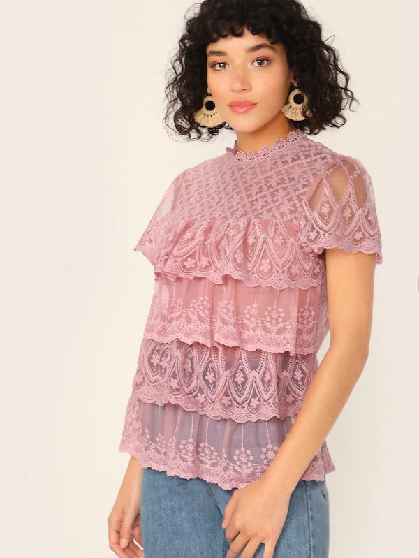 CM-TS416563 Women Casual Seoul Style Keyhole Back Embroidered Mesh Layered Top - Pink