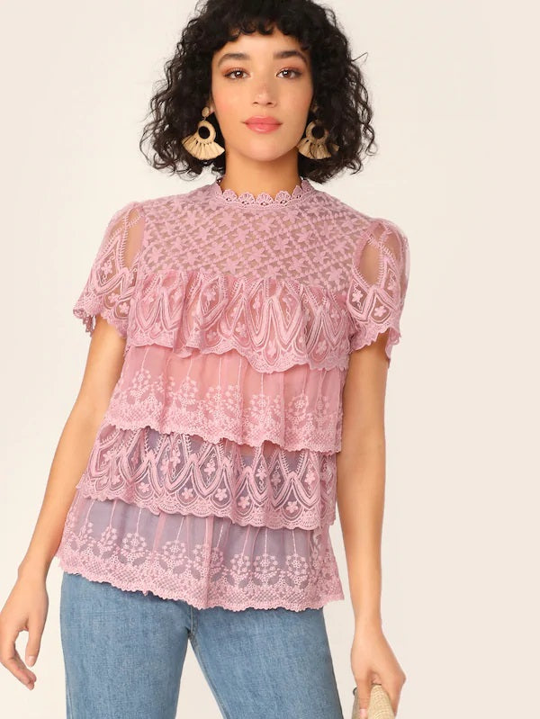 CM-TS416563 Women Casual Seoul Style Keyhole Back Embroidered Mesh Layered Top - Pink