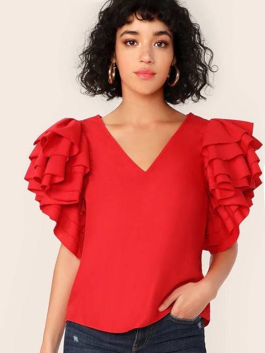 CM-TS426147 Women Trendy Seoul Style Layered Exaggerated Ruffle Sleeve Top - Red