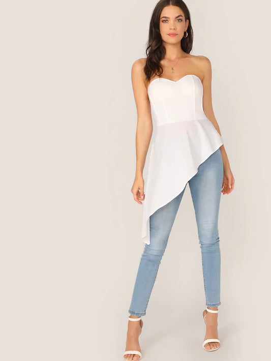 CM-TS513368 Women Casual Seoul Style Zipper Back Asymmetrical Peplum Tube Top - White