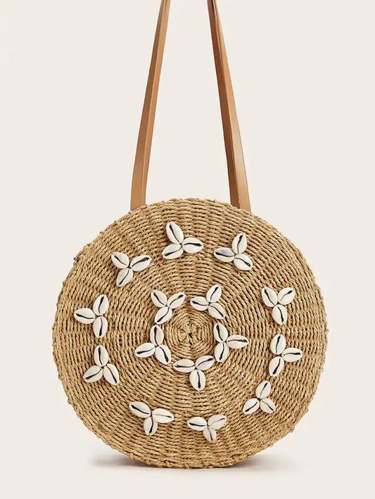CM-BGS524595 Women Trendy Seoul Style Shell Decor Round Shaped Woven Bag - Khaki