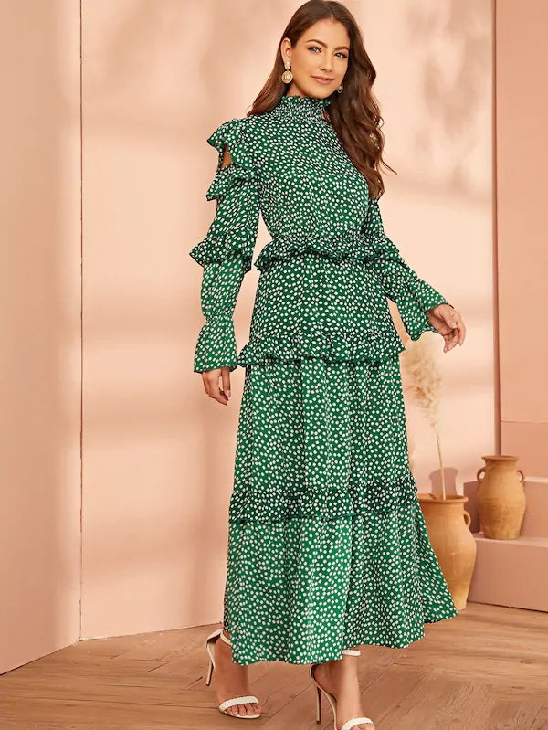 CM-DS529374 Women Elegant Seoul Style Long Sleeve Daisy Floral Layered Ruffle Cold Shoulder Dress