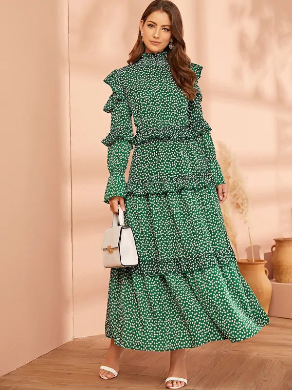 CM-DS529374 Women Elegant Seoul Style Long Sleeve Daisy Floral Layered Ruffle Cold Shoulder Dress
