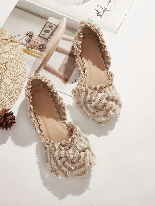 CM-SHS529101 Women Casual Seoul Style Bow Decor Striped Raw Trim Flats