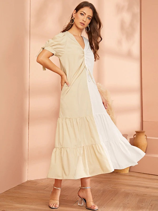 CM-DS530593 Women Casual Seoul Style Short Sleeve Ruffle Hem Ruched A-Line Long Dress