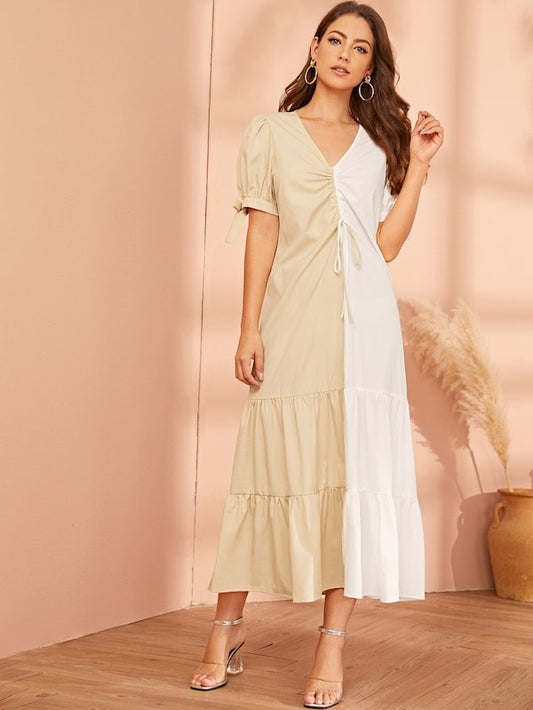 CM-DS530593 Women Casual Seoul Style Short Sleeve Ruffle Hem Ruched A-Line Long Dress