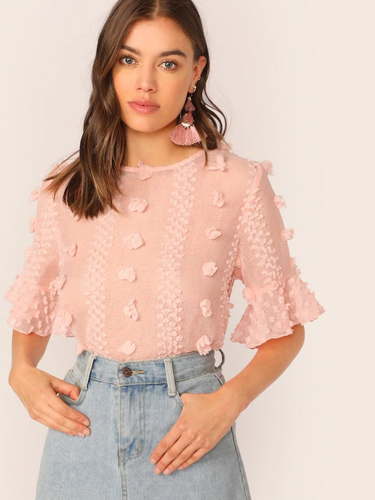 CM-TS506008 Women Casual Seoul Style Short Sleeve Appliques Ruffle Cuff Top - Pink