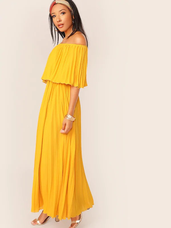 CM-DS506259 Women Elegant Bohemian Style Off Shoulder Ruffle Foldover Pleated Dress - Yellow