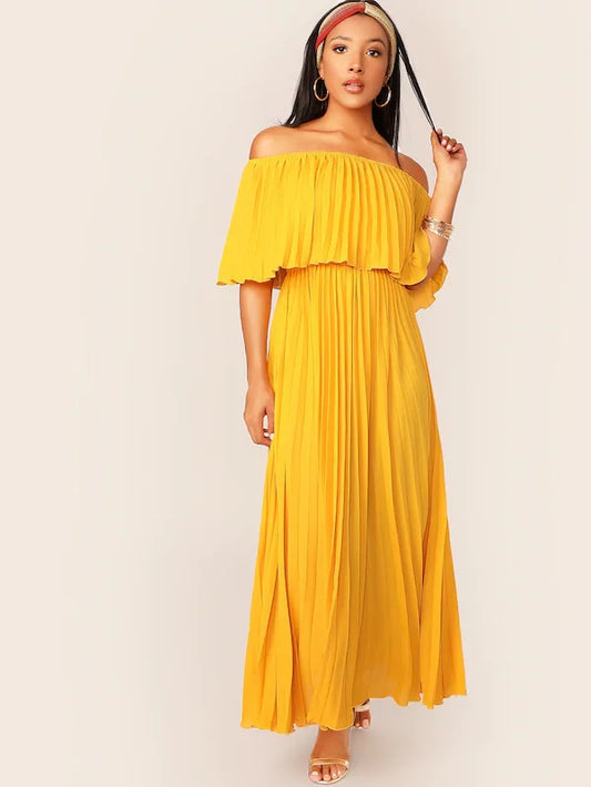 CM-DS506259 Women Elegant Bohemian Style Off Shoulder Ruffle Foldover Pleated Dress - Yellow