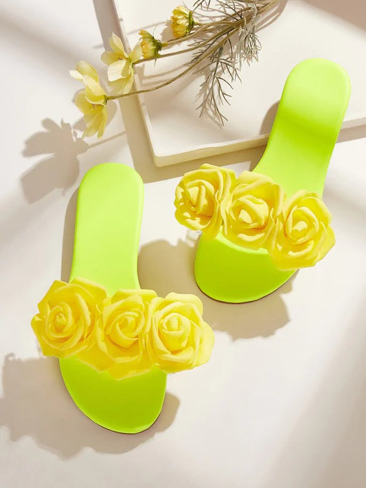CM-SHS531376 Women Casual Seoul Style Neon Lime Open Toe Floral Decor Sliders - Green
