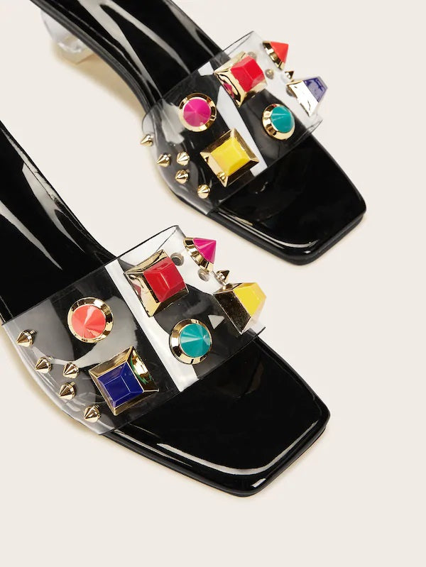 CM-SHS531449 Women Elegant Seoul Style Studded Open Toe Mid Chunky Heels - Black