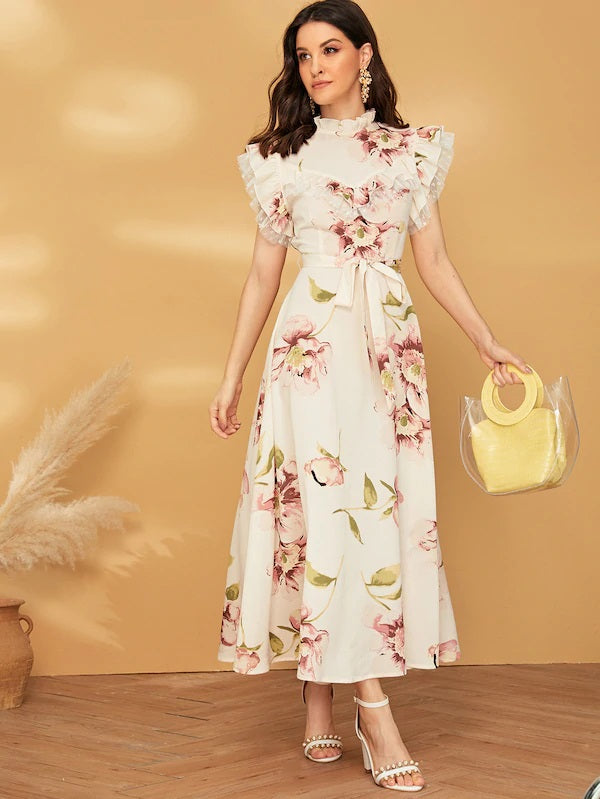 CM-DS524277 Women Casual Seoul Style Mock Neck Ruffle Trim Mesh Insert Belted Floral Dress