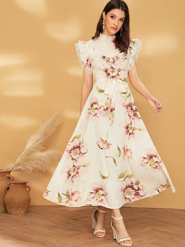 CM-DS524277 Women Casual Seoul Style Mock Neck Ruffle Trim Mesh Insert Belted Floral Dress