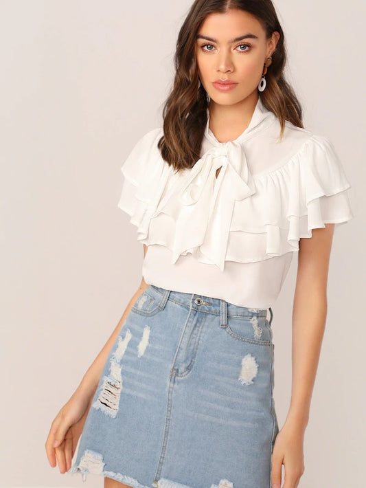 CM-TS509768 Women Casual Seoul Style Short Sleeve Tie Neck Ruffle Layered Trim Blouse - White