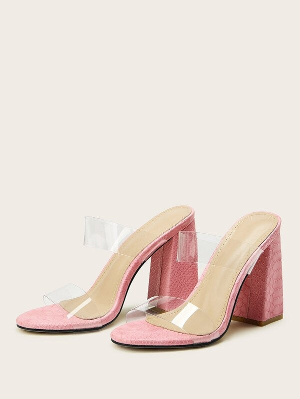 CM-SHS603332 Women Elegant Seoul Style Clear Strap Croc Embossed Chunky Heels - Pink