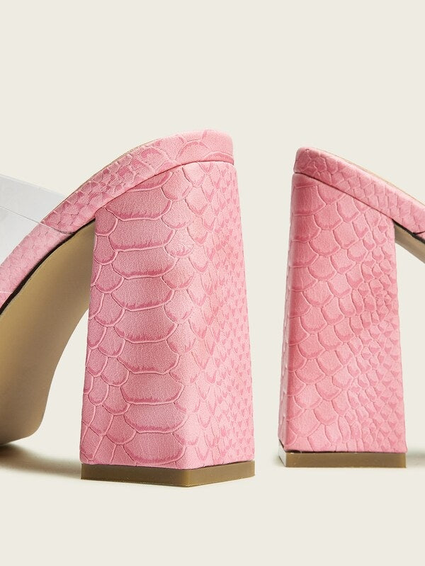 CM-SHS603332 Women Elegant Seoul Style Clear Strap Croc Embossed Chunky Heels - Pink