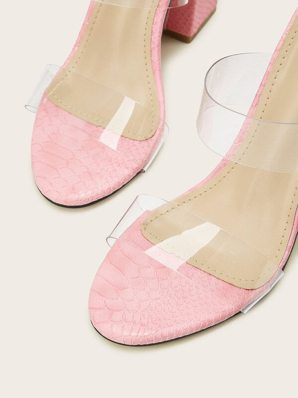 CM-SHS603332 Women Elegant Seoul Style Clear Strap Croc Embossed Chunky Heels - Pink