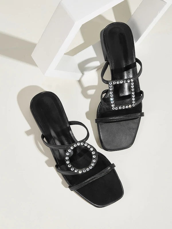 CM-SHS603684 Women Elegant Seoul Style Rhinestone Decor Strappy Sliders - Black