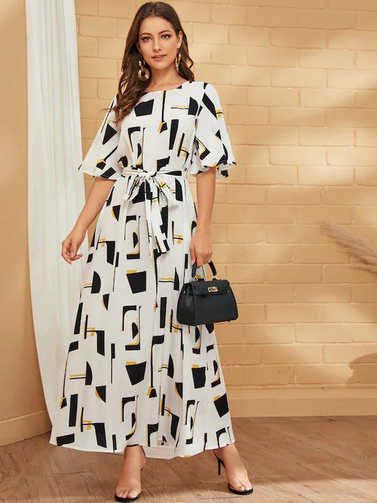CM-DS530556 Women Casual Seoul Style Bell Sleeve Self Belted Geometric Print Long Dress - White