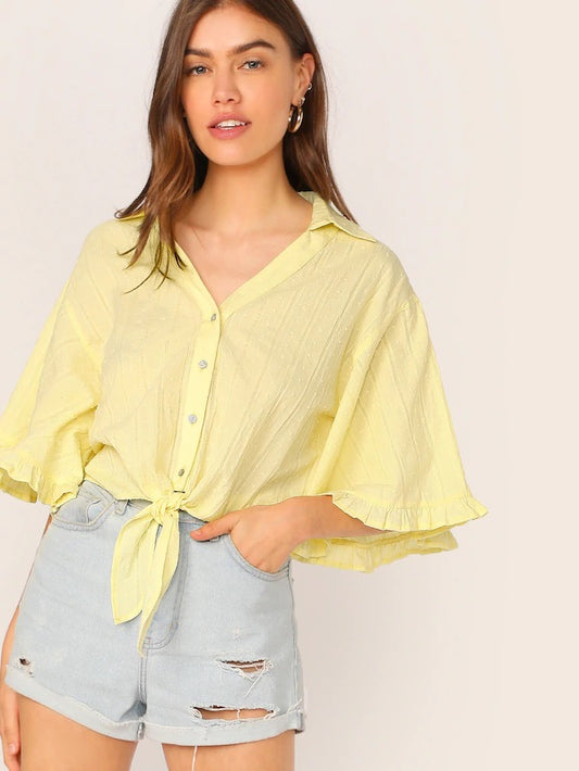 CM-TS522665 Women Casual Seoul Style Collared Frill Cuff Knot Hem Shirt - Yellow