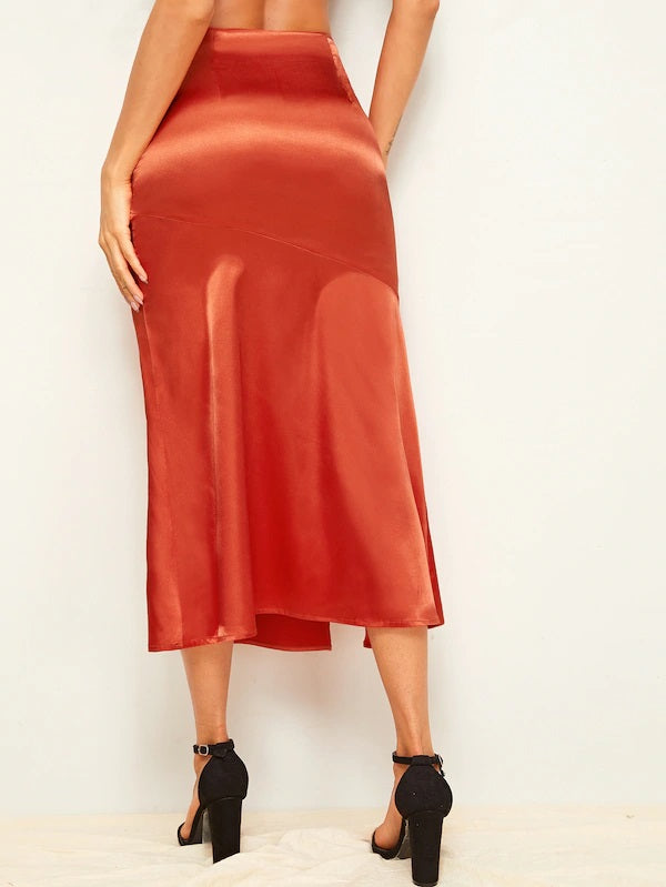 CM-BS502349 Women Trendy Seoul Style High Waist Split Thigh Zip Side Satin Skirt - Orange