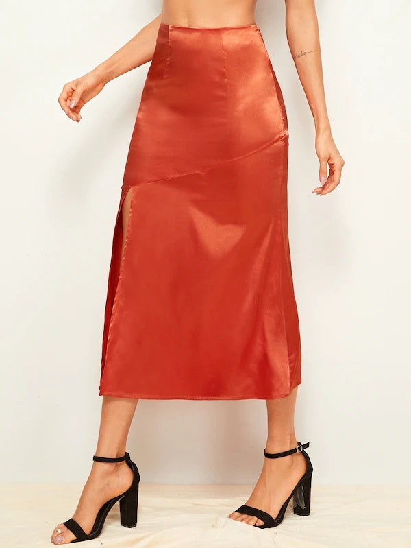 CM-BS502349 Women Trendy Seoul Style High Waist Split Thigh Zip Side Satin Skirt - Orange