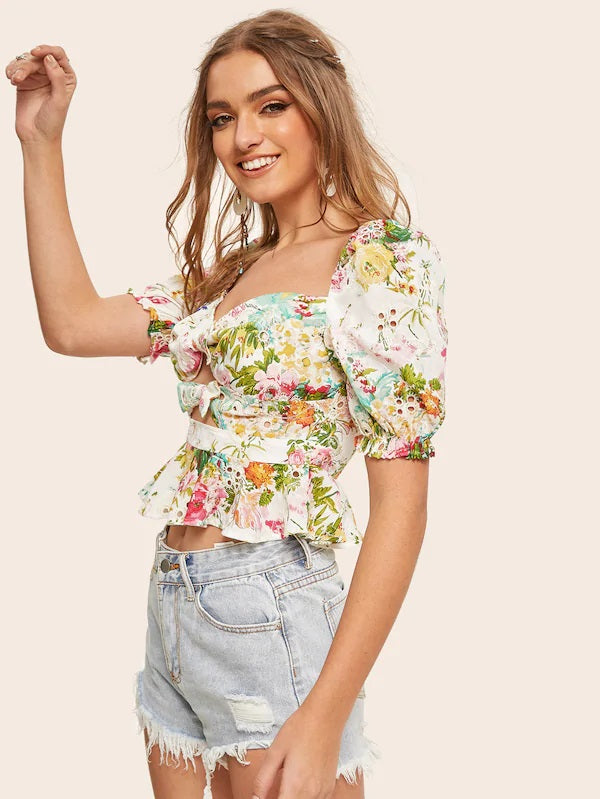 CM-TS502179 Women Trendy Seoul Style Ditsy Floral Bow Front Peekaboo Peplum Top