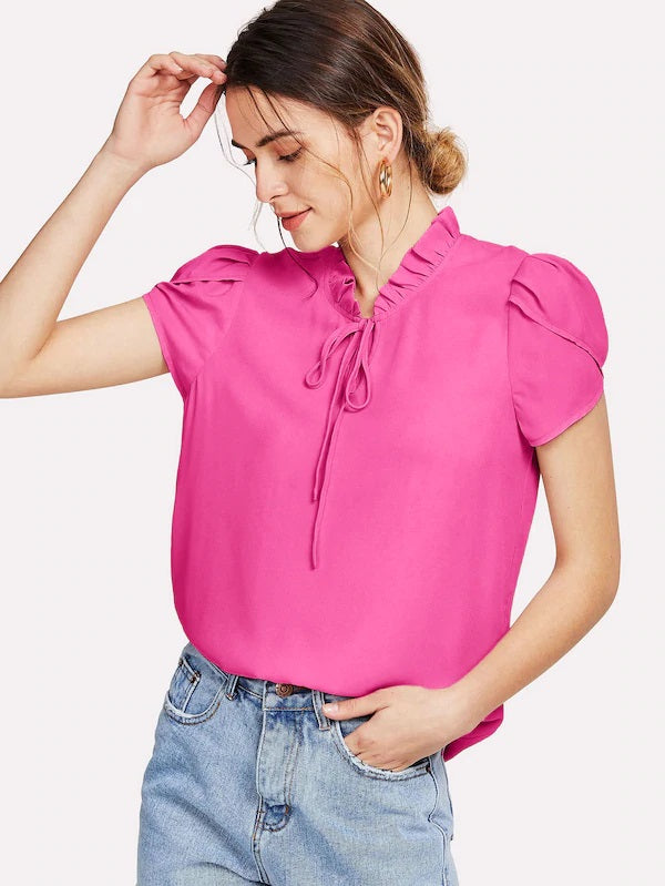 CM-TS515255 Women Casual Seoul Style Frill Trim Tie Neck Petal Sleeve Top - Hot Pink