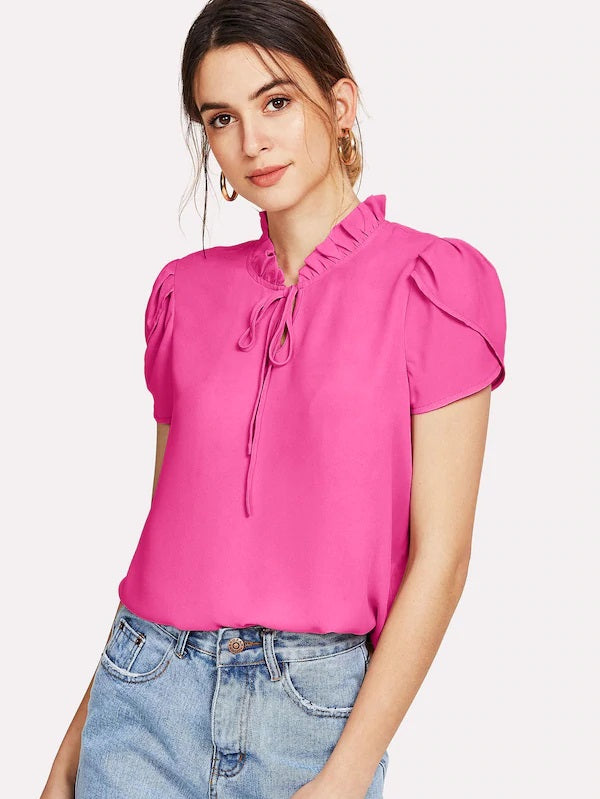 CM-TS515255 Women Casual Seoul Style Frill Trim Tie Neck Petal Sleeve Top - Hot Pink