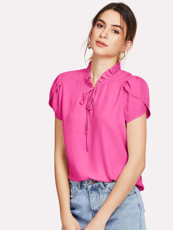 CM-TS515255 Women Casual Seoul Style Frill Trim Tie Neck Petal Sleeve Top - Hot Pink