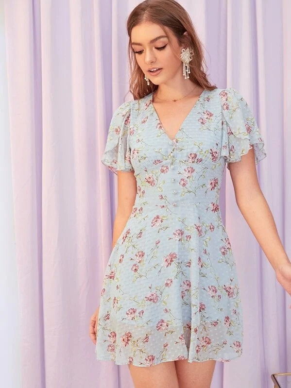 CM-DS423455 Women Casual Seoul Style Covered Button Front Petal Sleeve Floral Dress - Blue