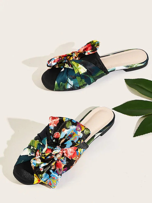 CM-SHS604070 Women Trendy Seoul Style Floral Print Bow Decor Flat Mules