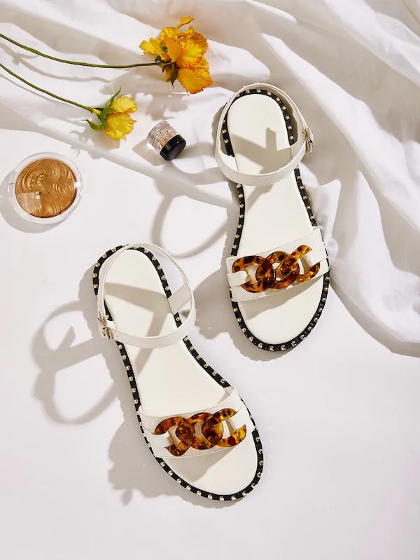 CM-SHS604180 Women Classic Seoul Style Studded Detail Buckle Strap Sandals - White