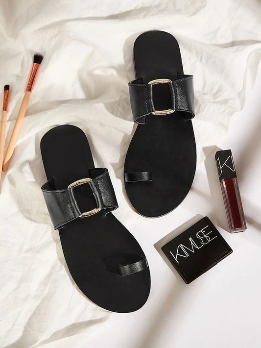 CM-SHS604322 Women Casual Seoul Style Toe Ring Metal Decor Sliders - Black