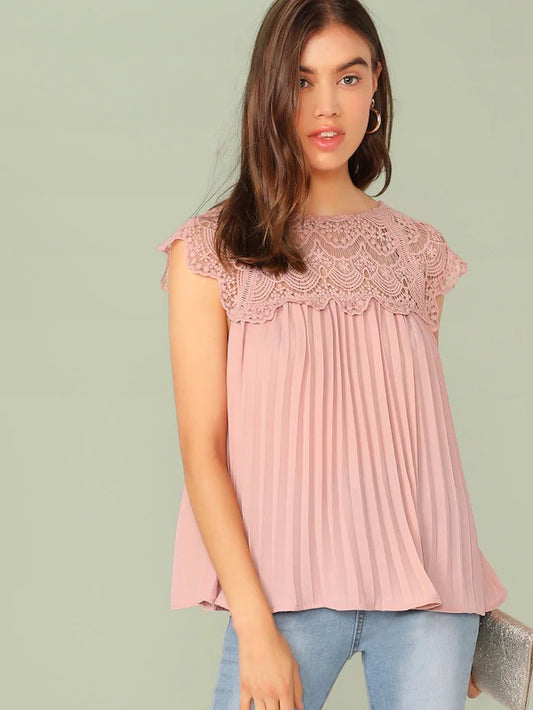 CM-TS514770 Women Casual Seoul Style Keyhole Back Guipure Lace Yoke Pleated Top - Pink