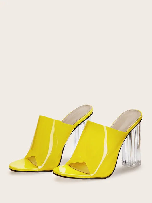 CM-SHS605041 Women Elegant Seoul Style Neon Clear Chunky Heeled Mules - Yellow