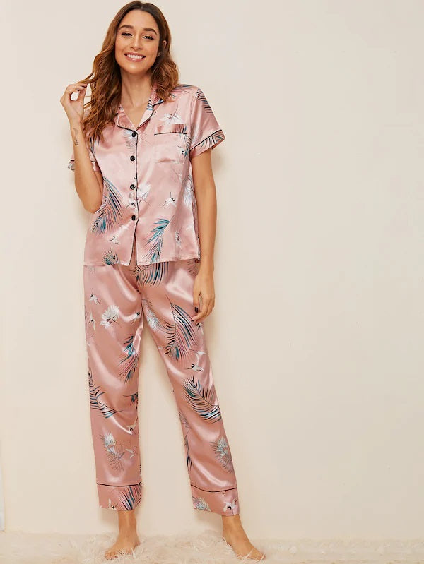 CM-PS606299 Women Trendy Seoul Style Crane And Tropical Print Satin Pajama Set - Pink