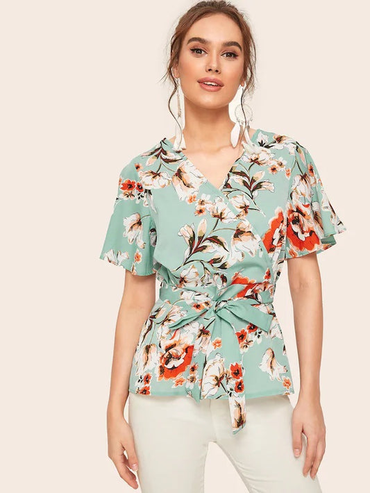 CM-TS529001 Women Casual Seoul Style Surplice Front Floral Print Belted Blouse
