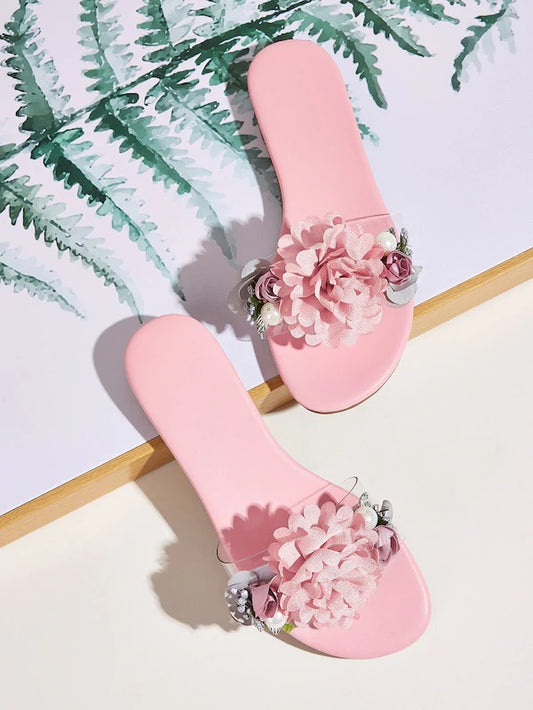 CM-SHS606042 Women Elegant Seoul Style Floral Applique Flat Sliders - Pink