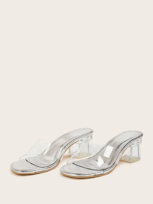 CM-SHS606493 Women Elegant Seoul Style Clear Cross Strap Chunky Heels - White