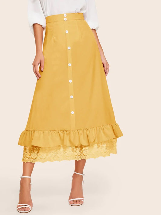 CM-BS610902 Women Trendy Seoul Style High Waist Button Front Contrast Lace Hem Skirt - Yellow