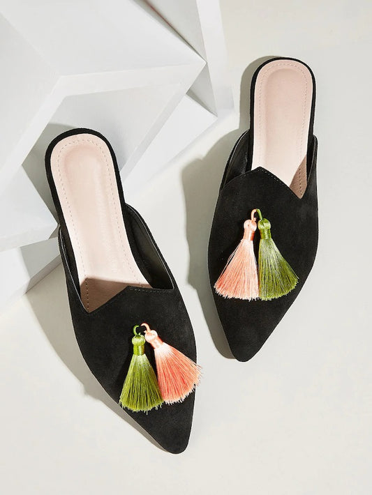 CM-SHS610214 Women Trendy Seoul Style Tassel Decor Point Toe Flat Mules - Black