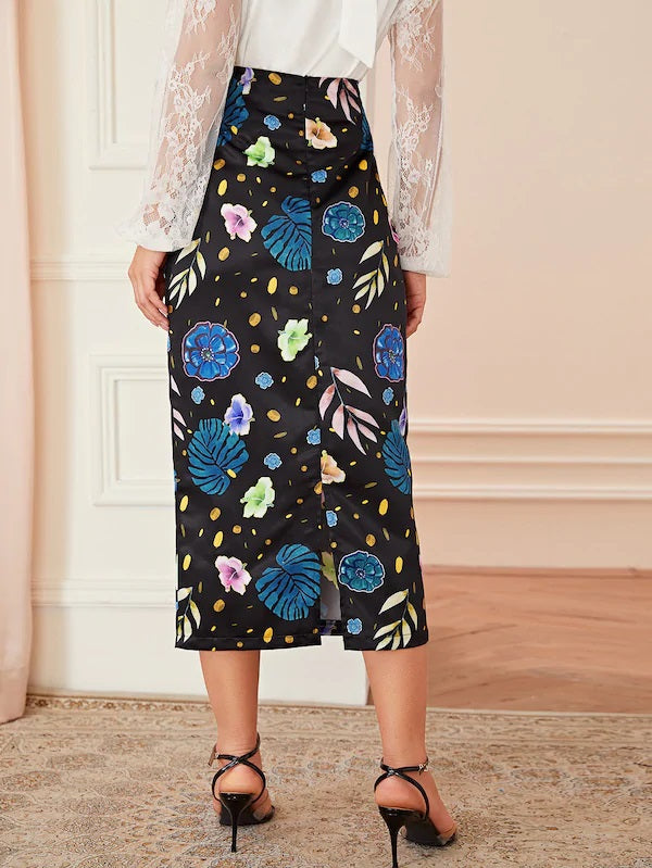 CM-BS610019 Women Casual Seoul Style Mid Waist Floral And Leaf Print Midi Skirt - Black