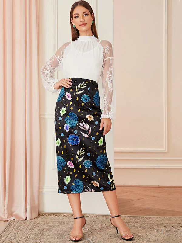 CM-BS610019 Women Casual Seoul Style Mid Waist Floral And Leaf Print Midi Skirt - Black